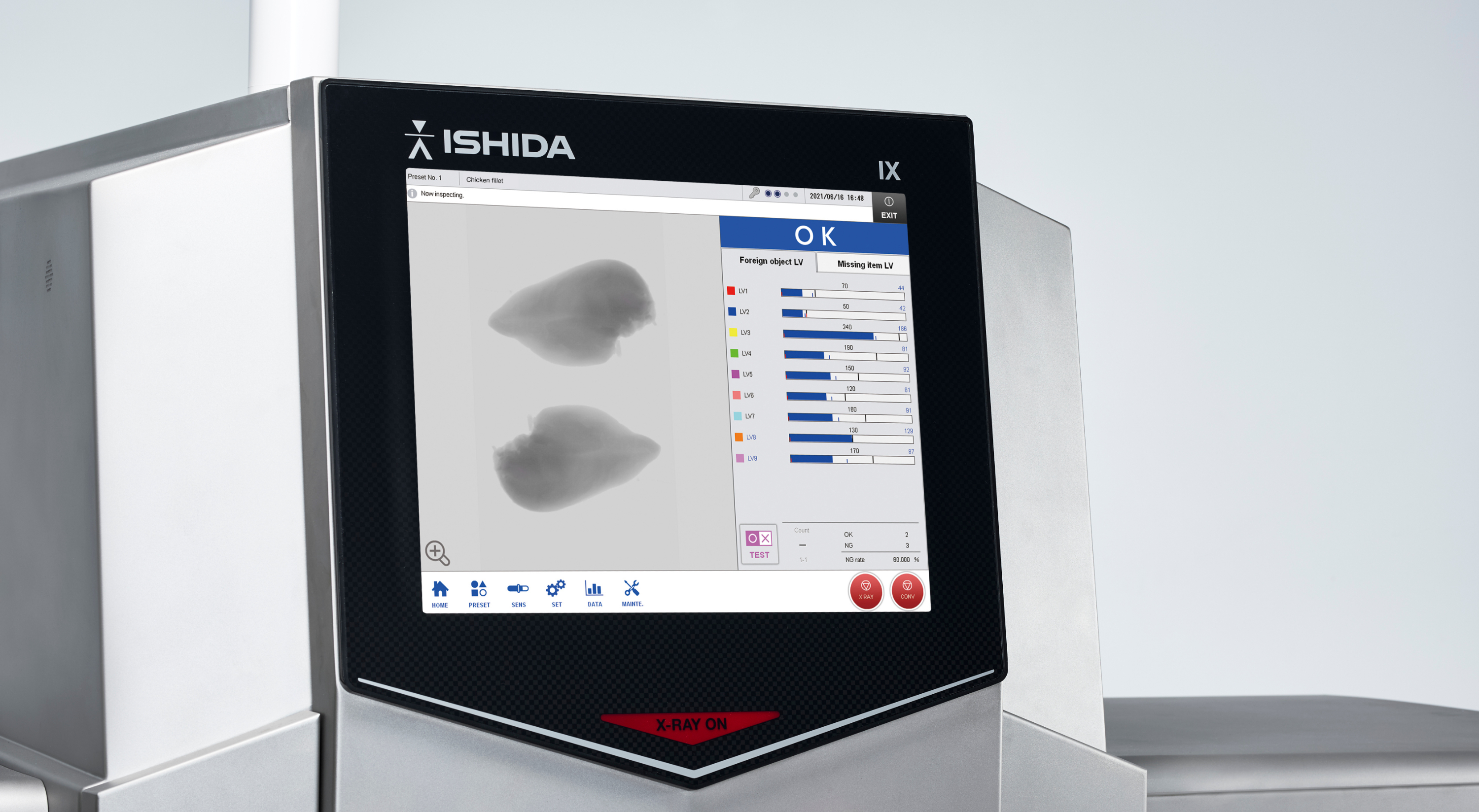 Экран рентген-инспектора Ishida IX: снимок куриного филе, статус OK